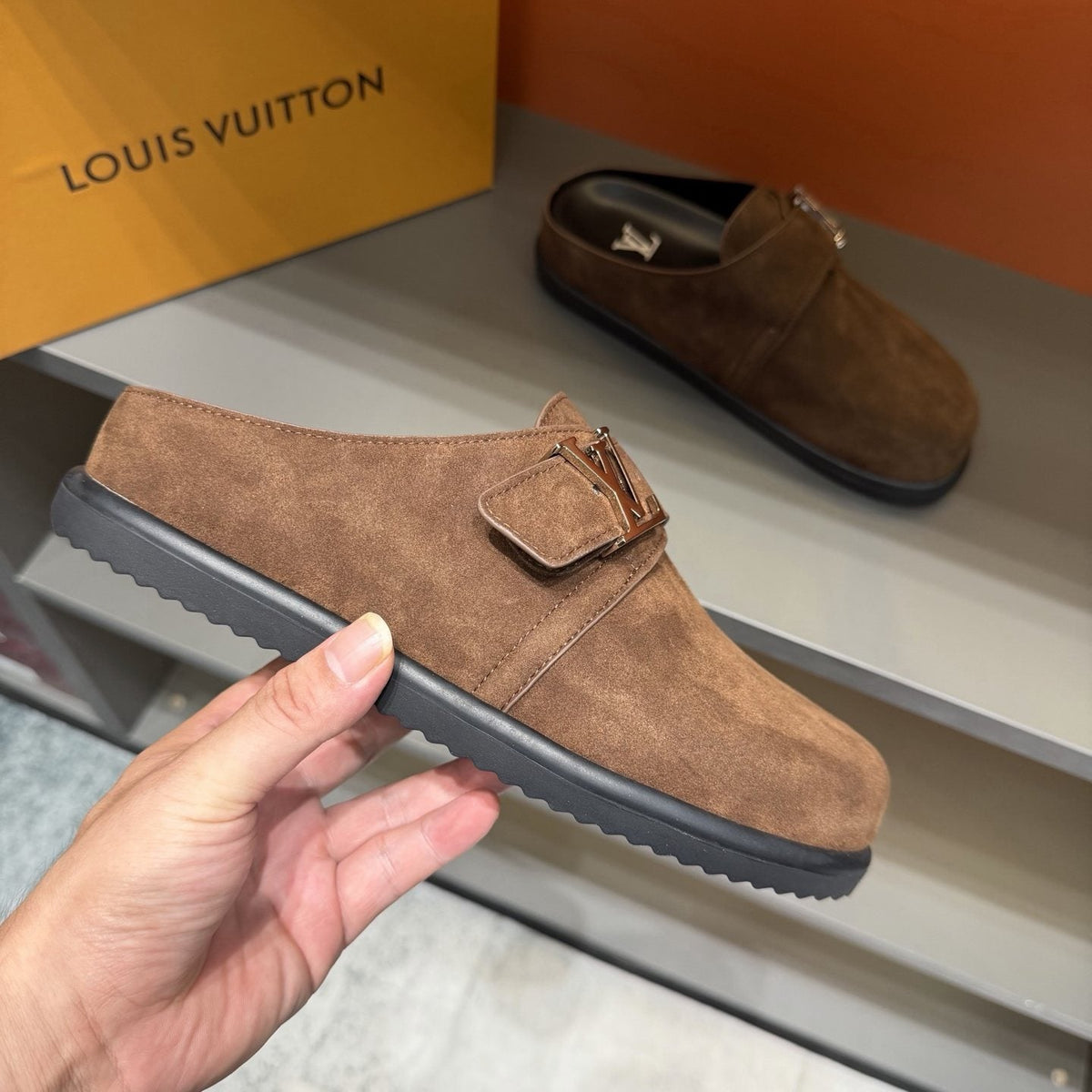 Louis Vuitton Easy Suede Slip-On Sandals — side