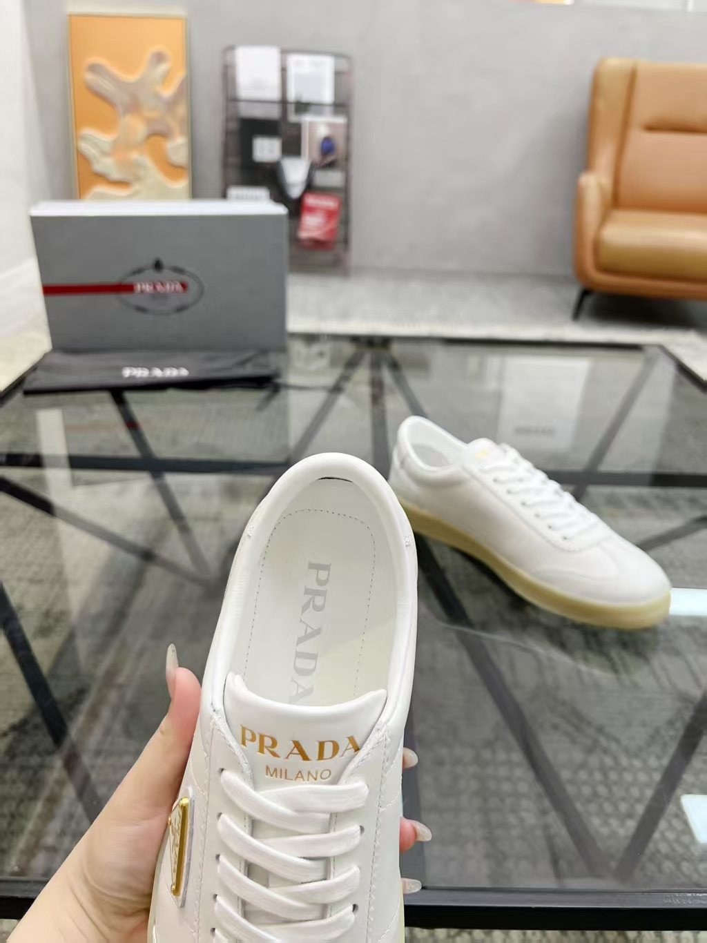 Prada Men's Low-Top Leather Sneakers — detail
