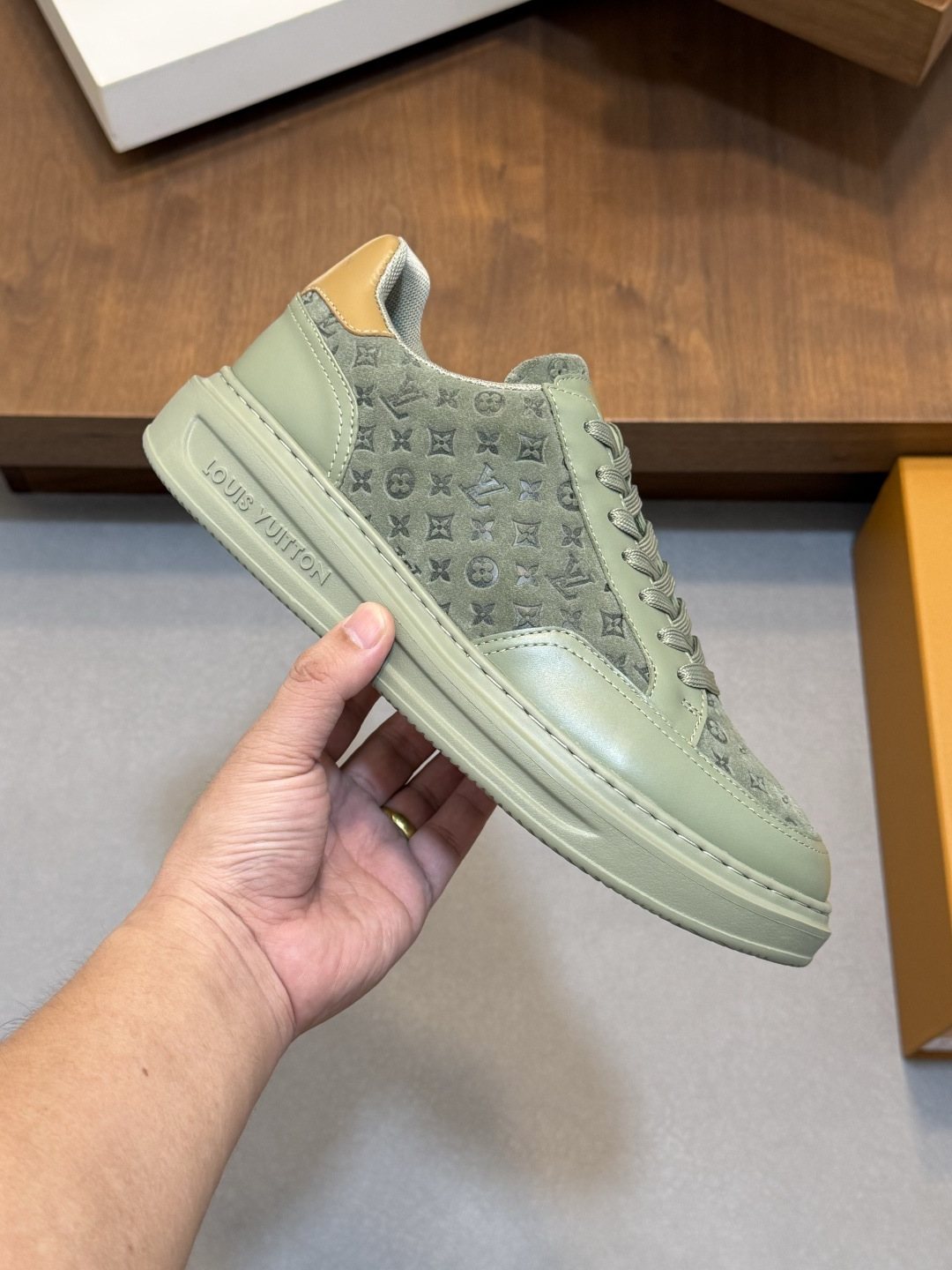 Louis Vuitton Pale Olive Monogram Low-Top Sneakers — side