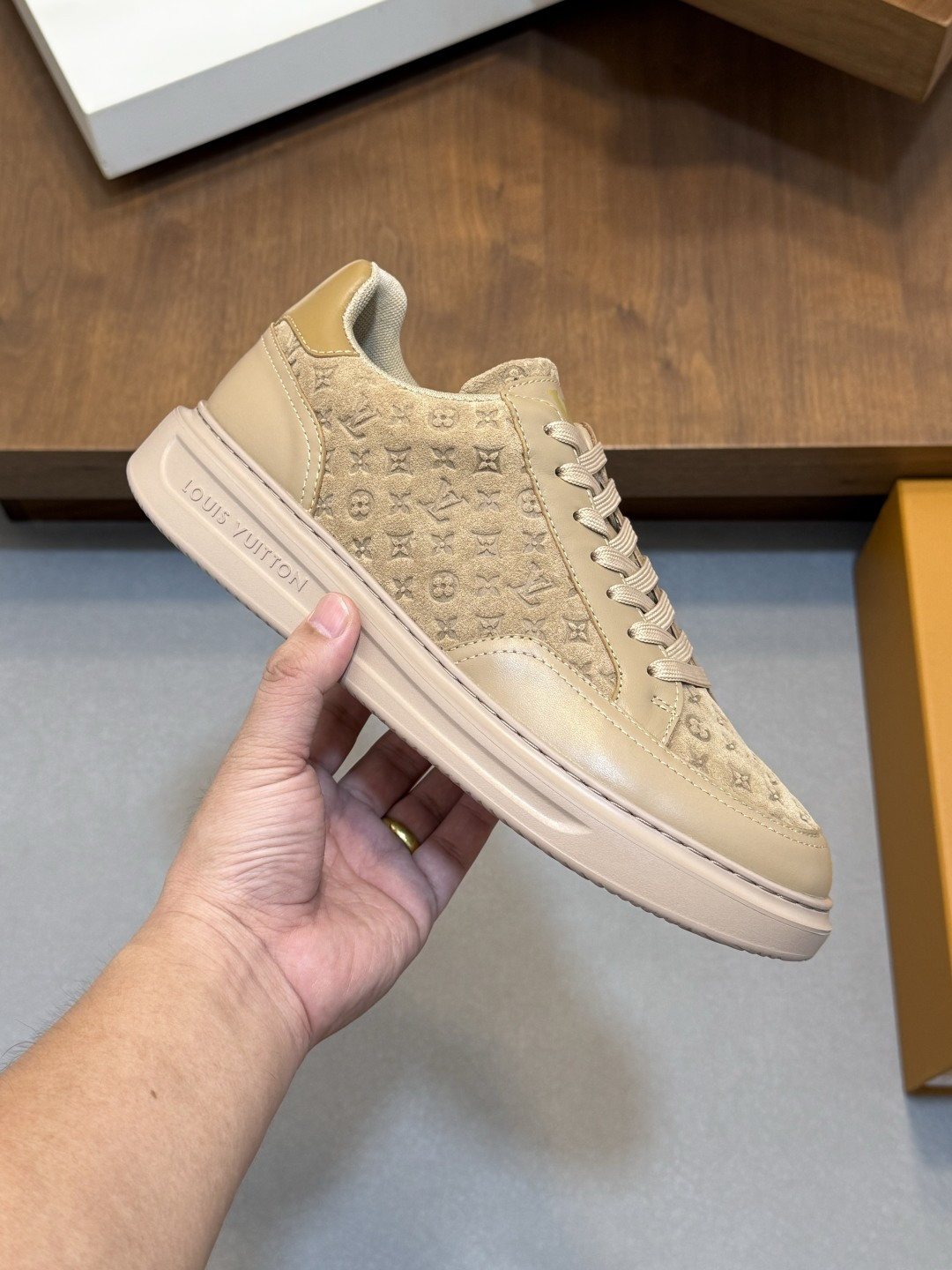 Louis Vuitton Pale Olive Monogram Low-Top Sneakers — model