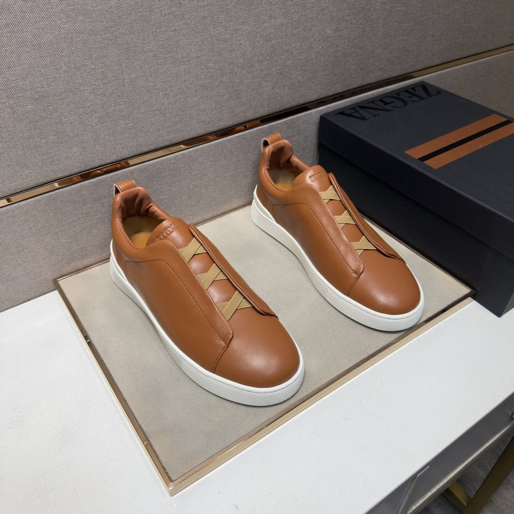 ZEGNA Brown Leather Slip-On Sneakers — front