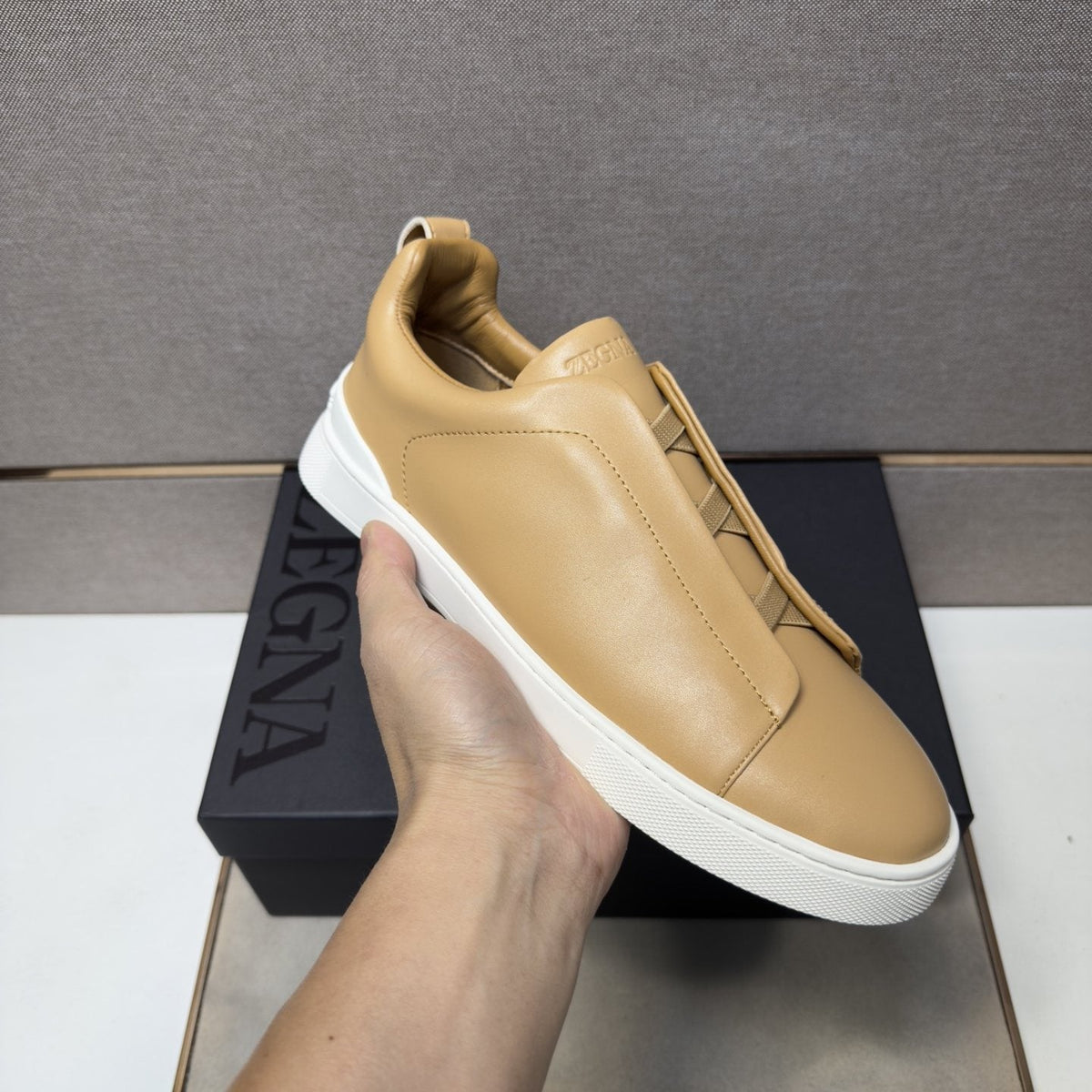 ZEGNA Brown Leather Slip-On Sneakers — model