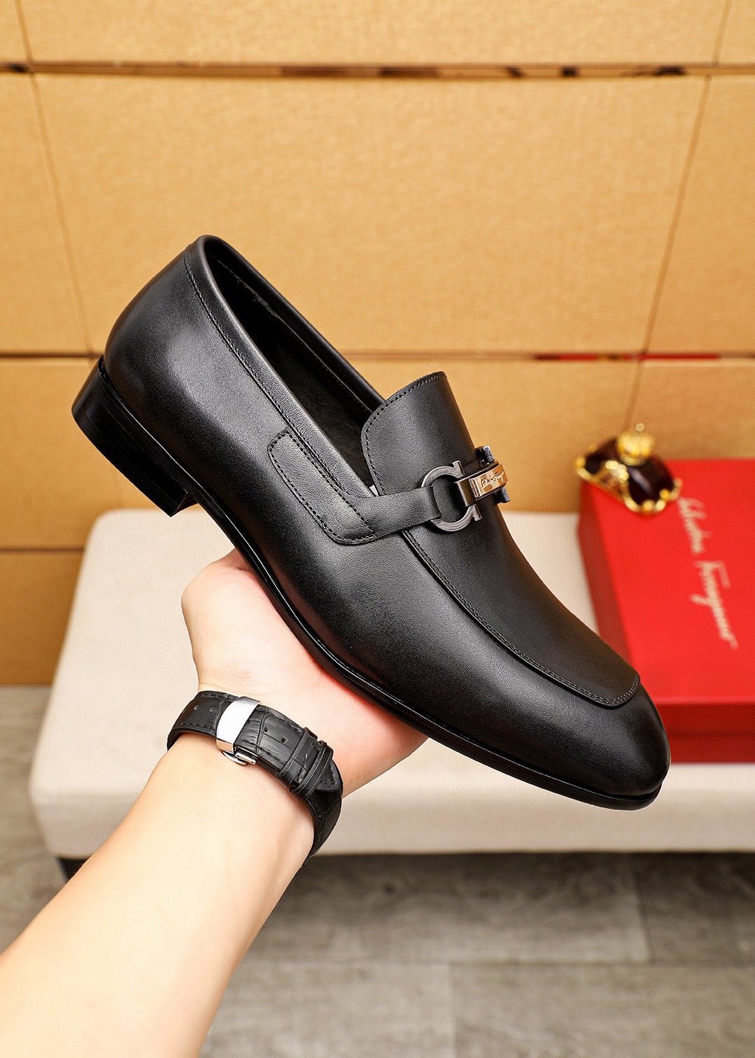 Ferragamo Black Buckle Loafers — model