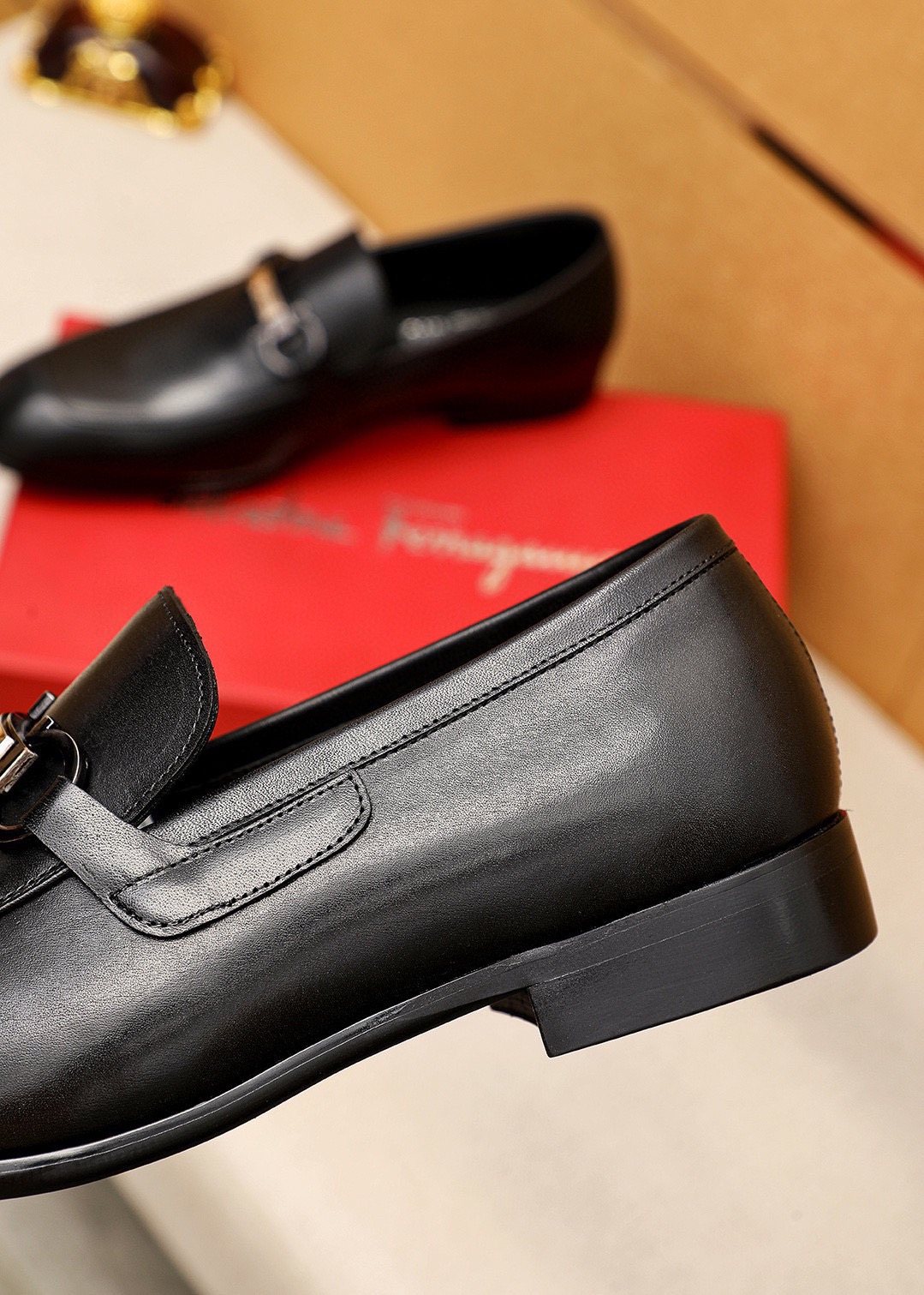 Ferragamo Black Buckle Loafers — side