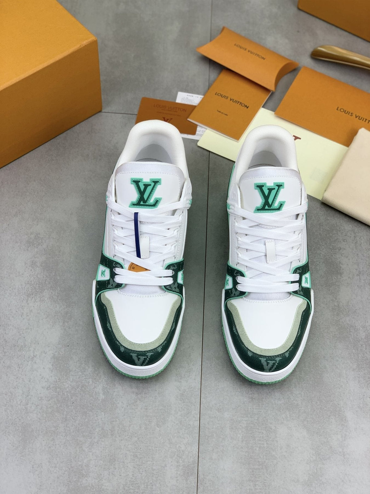 Louis Vuitton White and Navy Blue Sneakers — front
