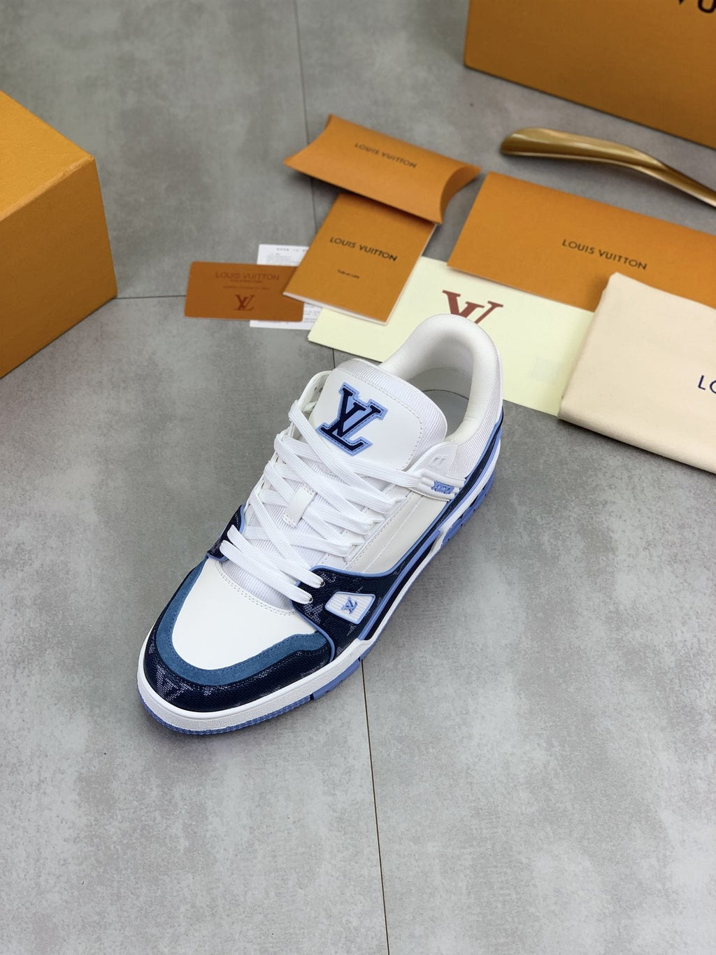 Louis Vuitton White and Navy Blue Sneakers — front