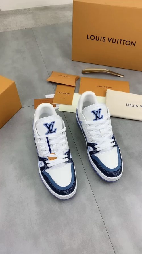Louis Vuitton White and Navy Blue Sneakers — front