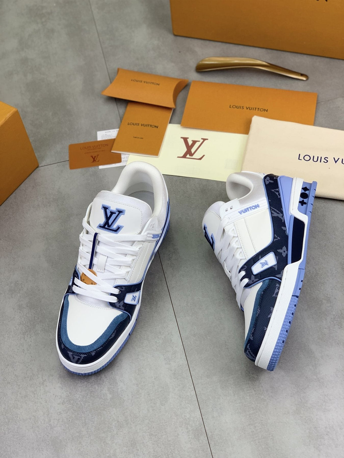 Louis Vuitton White and Navy Blue Sneakers — side