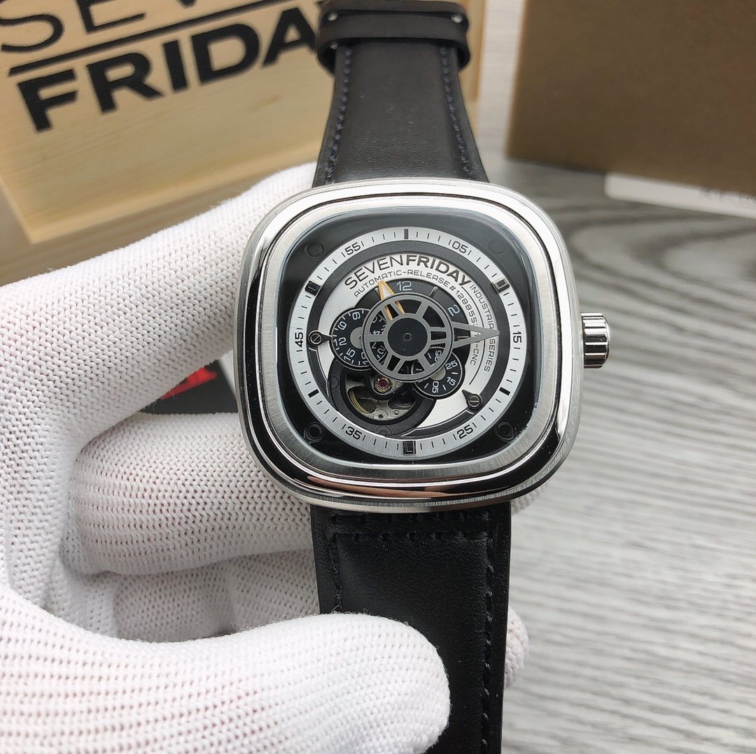 SEVENFRIDAY Black Strap Silver Case Watch — front