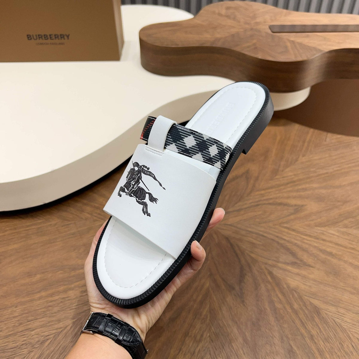 Burberry Checked Accent Slide Sandals — model