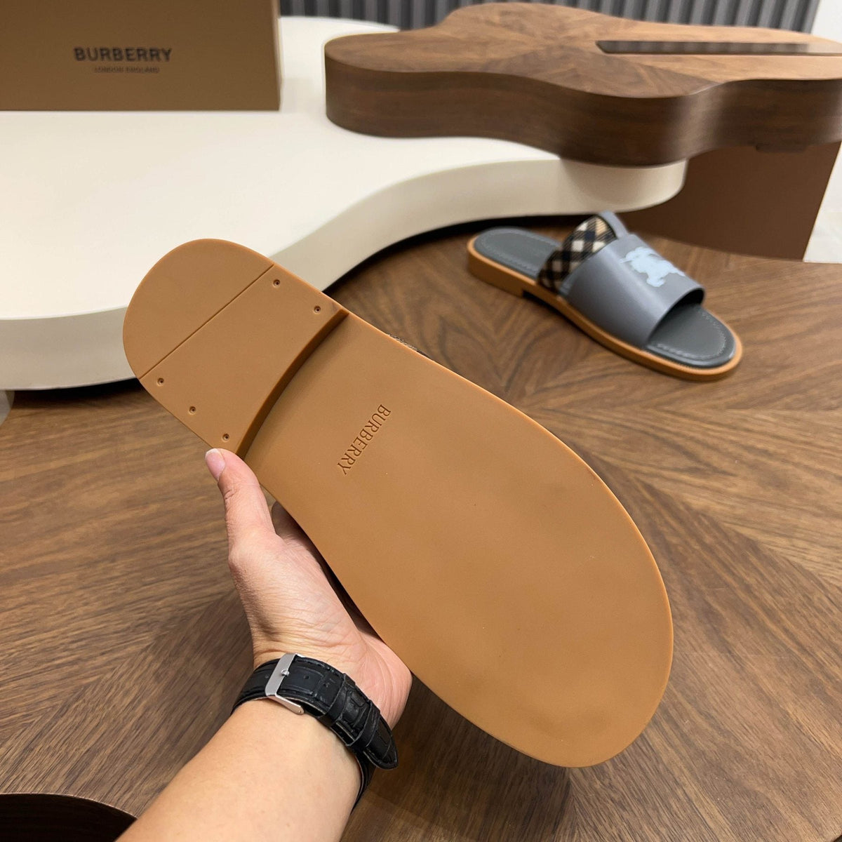 Burberry Checked Accent Slide Sandals — back