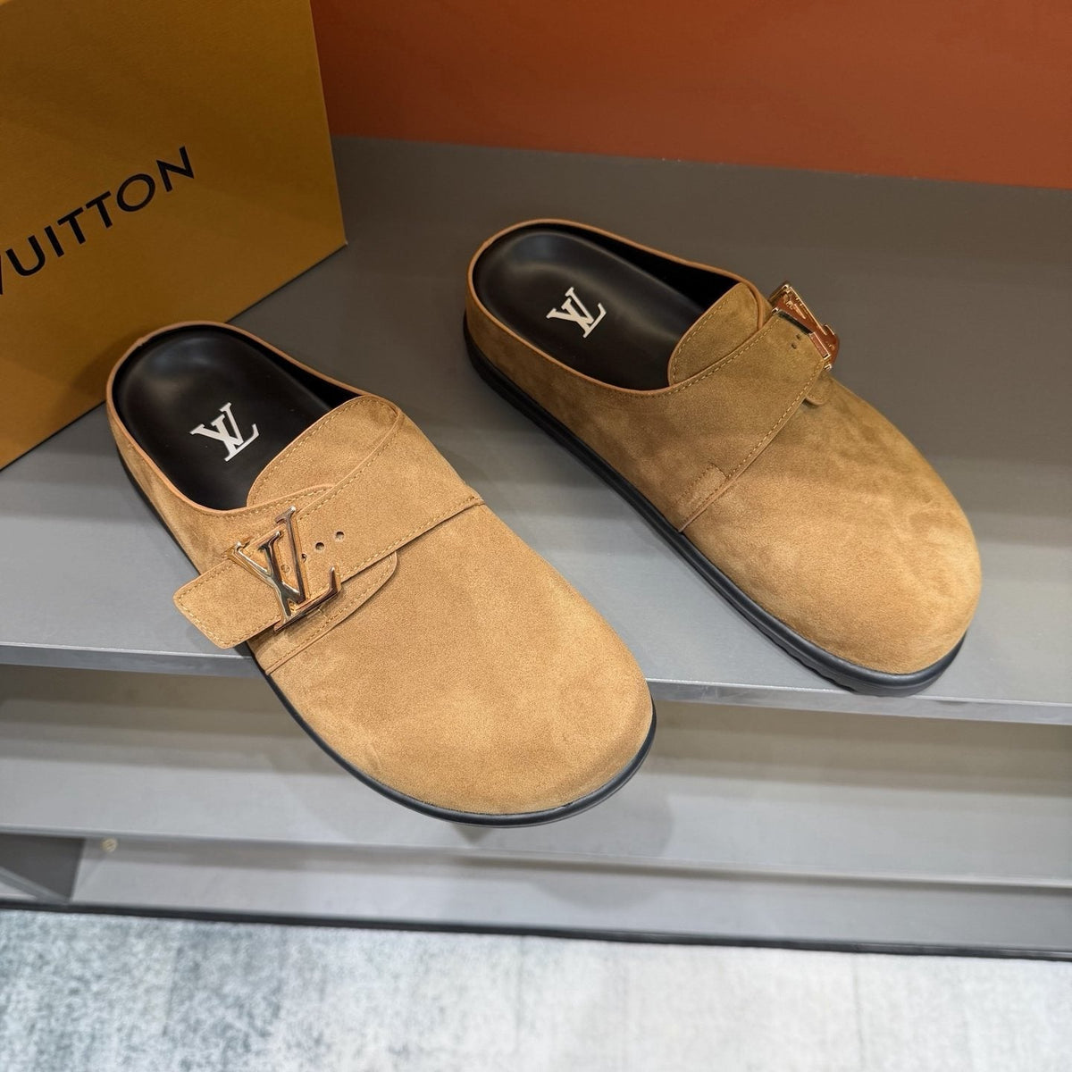 Louis Vuitton Tan Adjustable Strap Slip-On Shoes — front