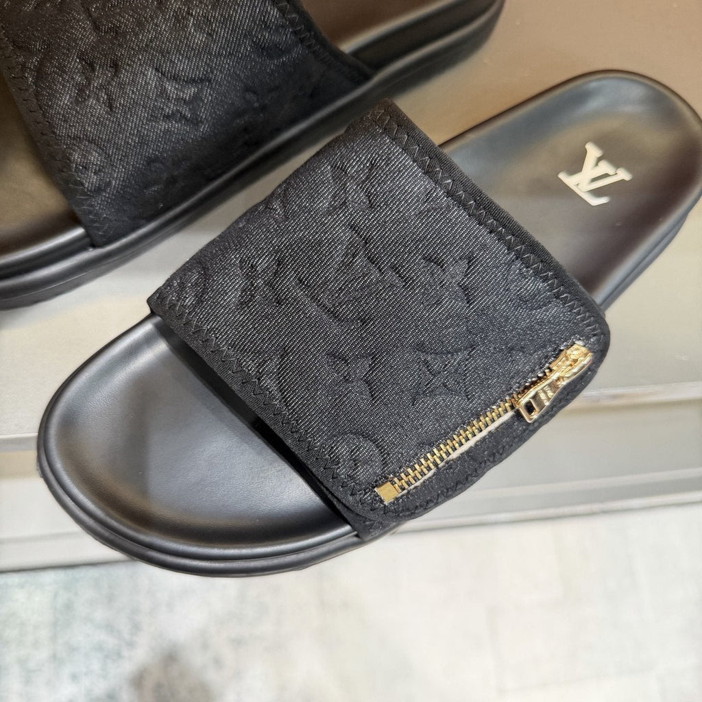 Louis Vuitton Embossed Zip Slide Sandals — detail