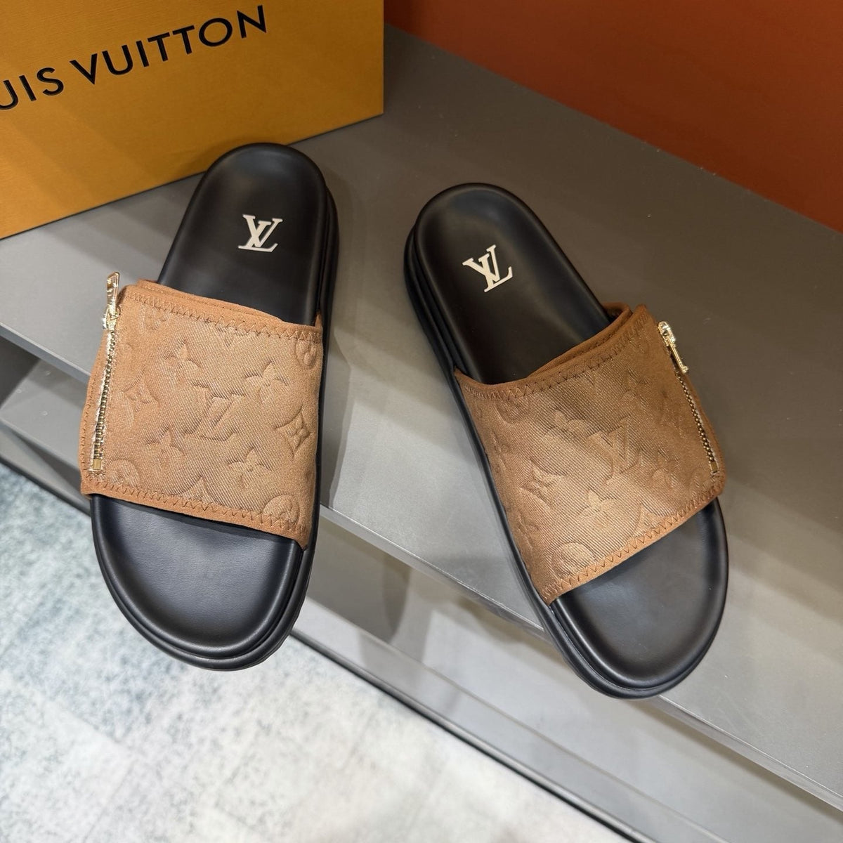 Louis Vuitton Embossed Zip Slide Sandals — front