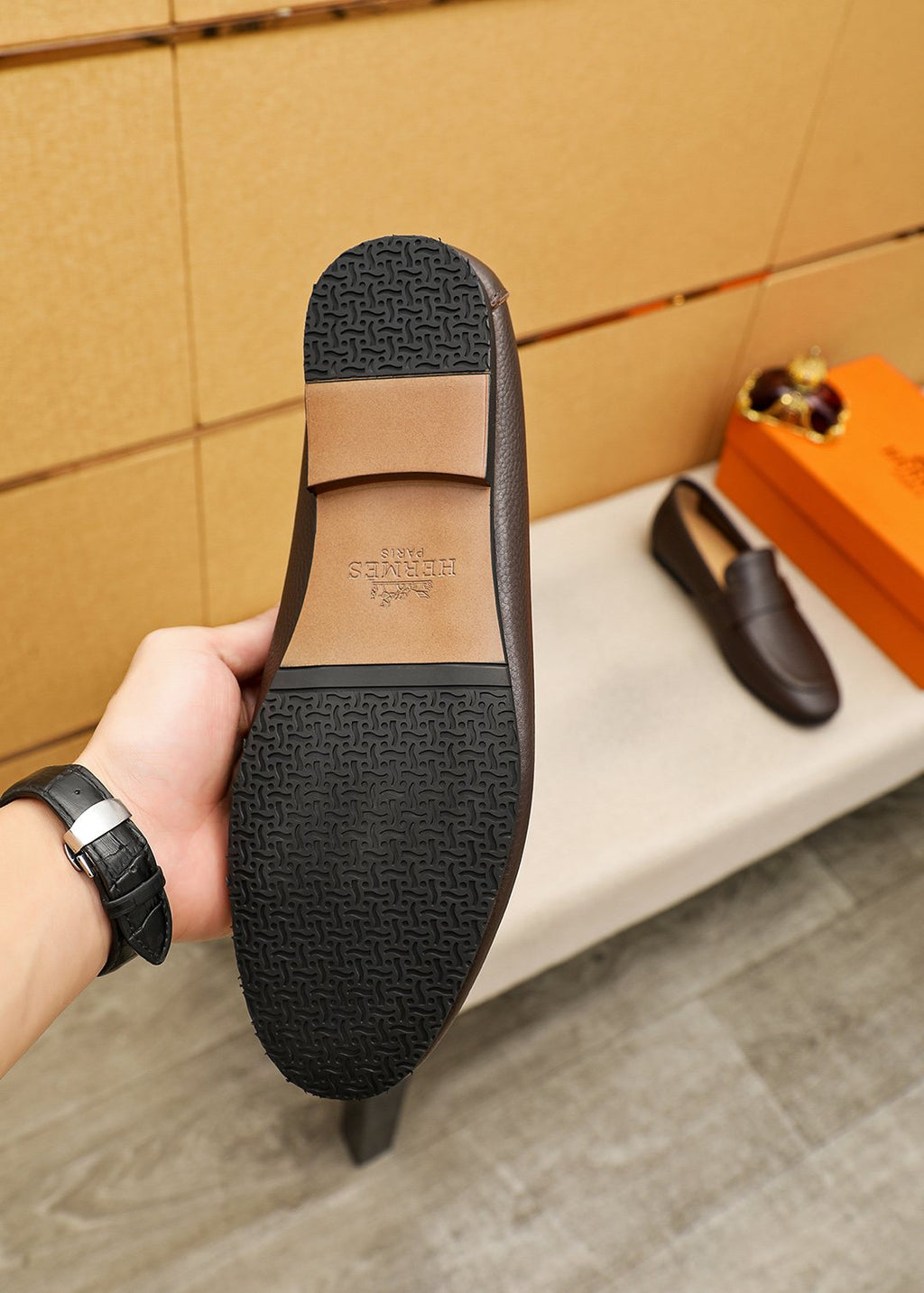 Hermès Pebbled Leather Loafers — front