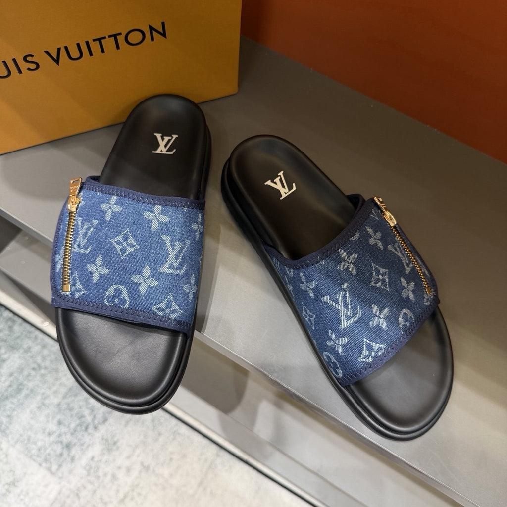 Louis Vuitton Blue Monogram Strap Slide Sandals — front