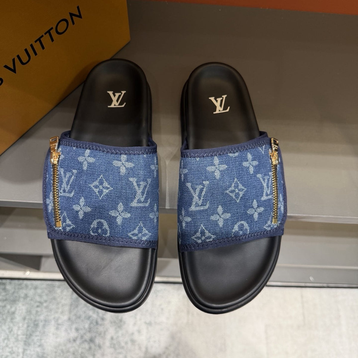 Louis Vuitton Blue Monogram Strap Slide Sandals — hero