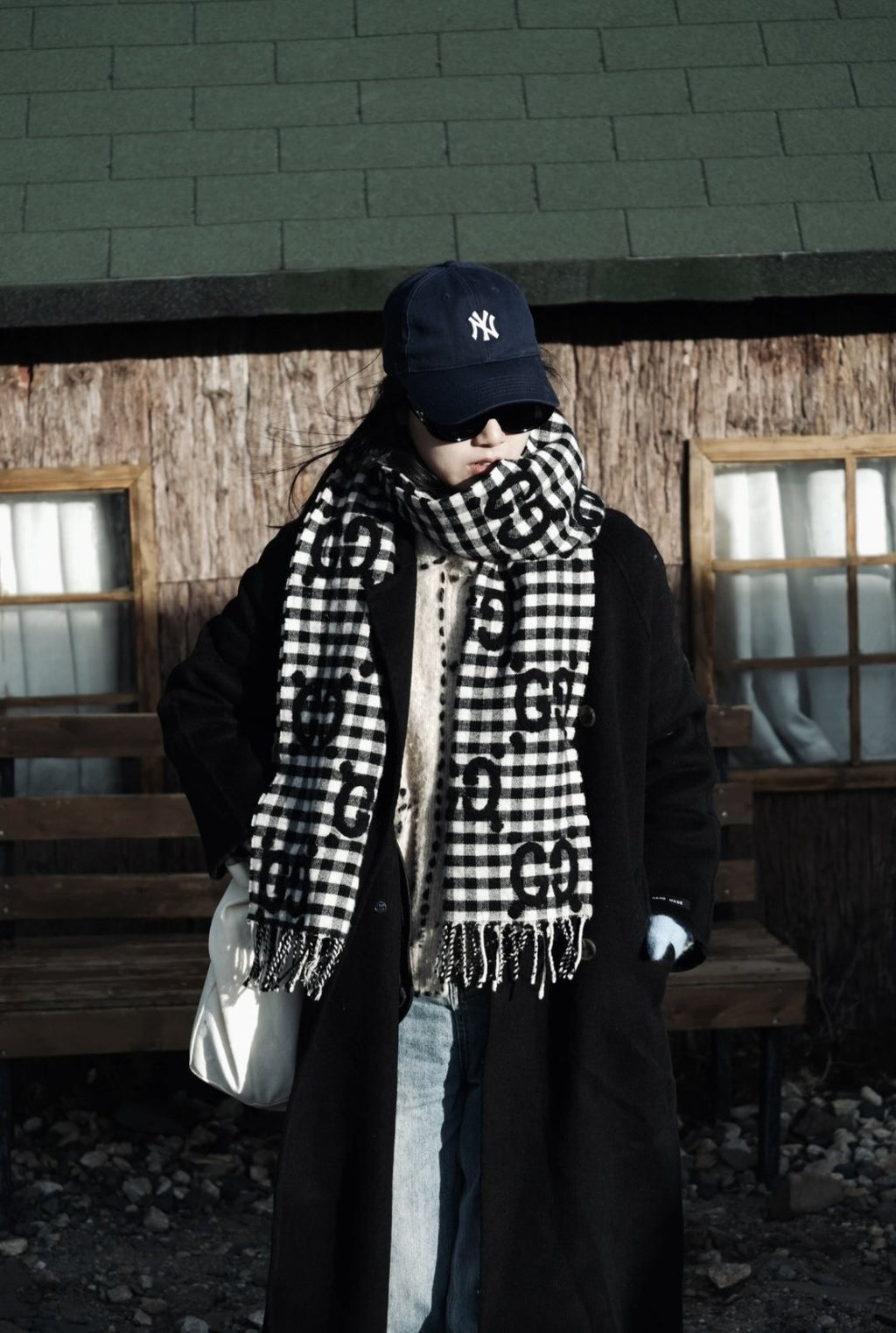 Gucci Check Fringed Scarf — model