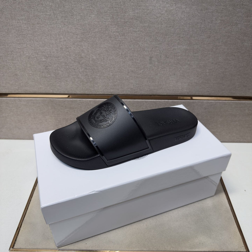 Versace Embossed Strap Slide Sandals — front