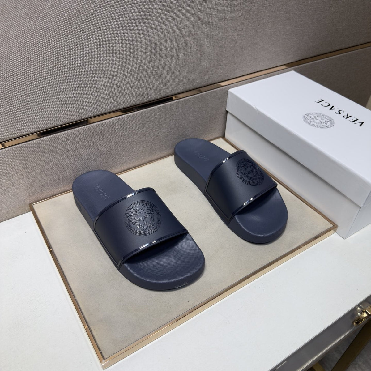 Versace Embossed Strap Slide Sandals — front