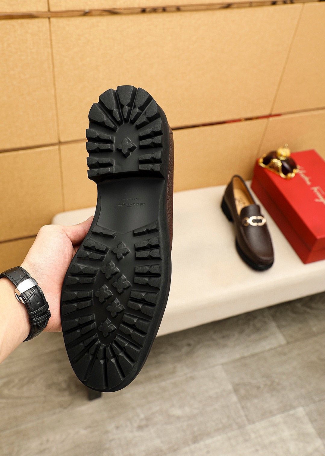 Ferragamo Pebbled Leather Lug Sole Loafers — detail