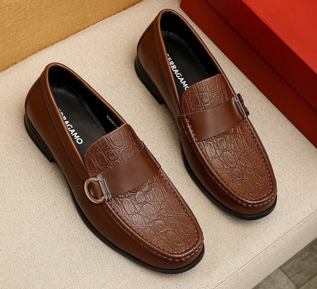 Ferragamo Embossed Buckle Loafers — front