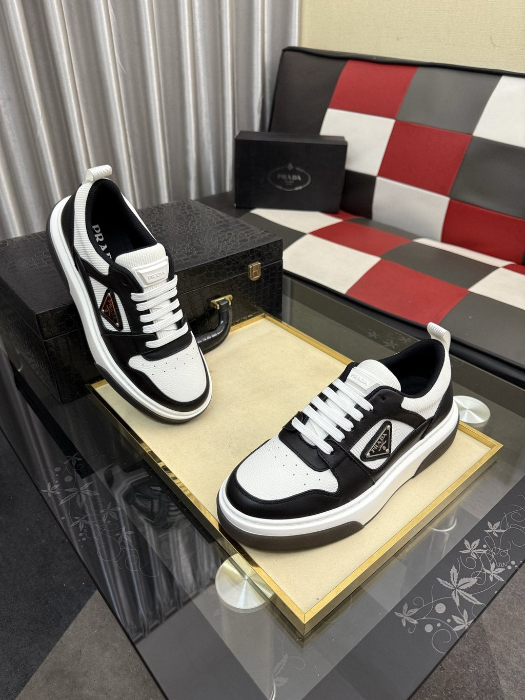 Prada Triangle Plaque Low-Top Sneakers — side