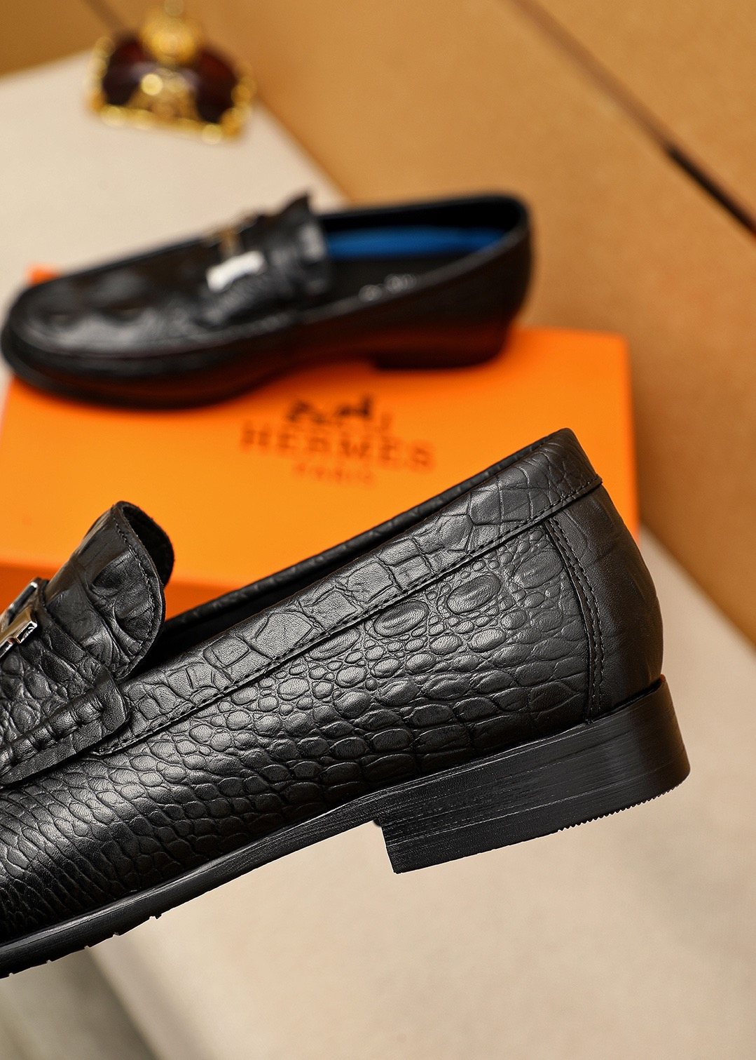 Hermès Crocodile-Embossed H-Hardware Loafers — back