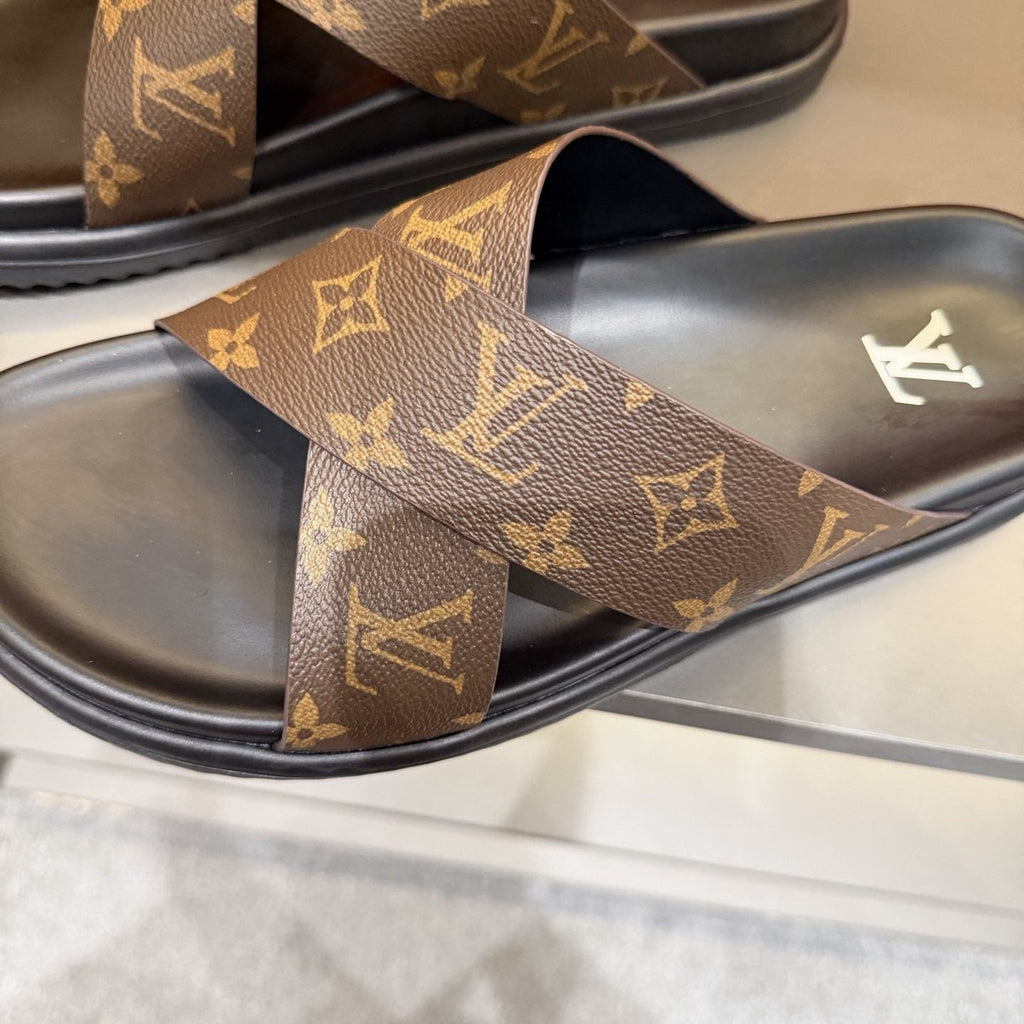 Louis Vuitton Light Gray Crossover Slide Sandals — front