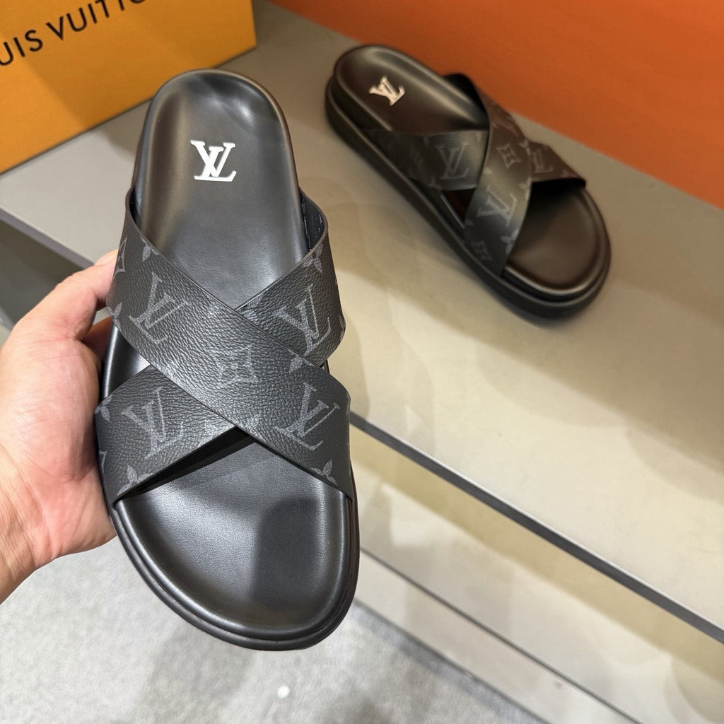 Louis Vuitton Light Gray Crossover Slide Sandals — model