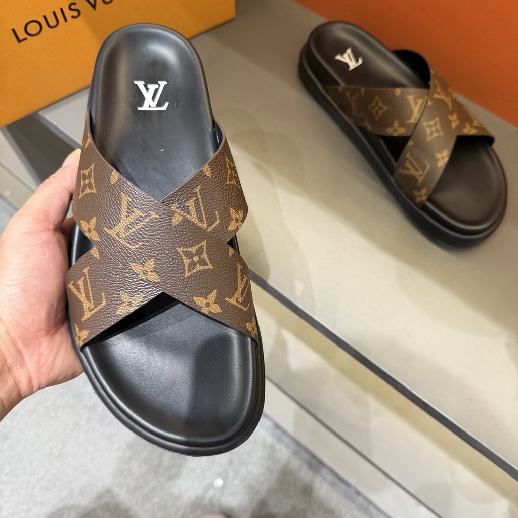 Louis Vuitton Light Gray Crossover Slide Sandals — model