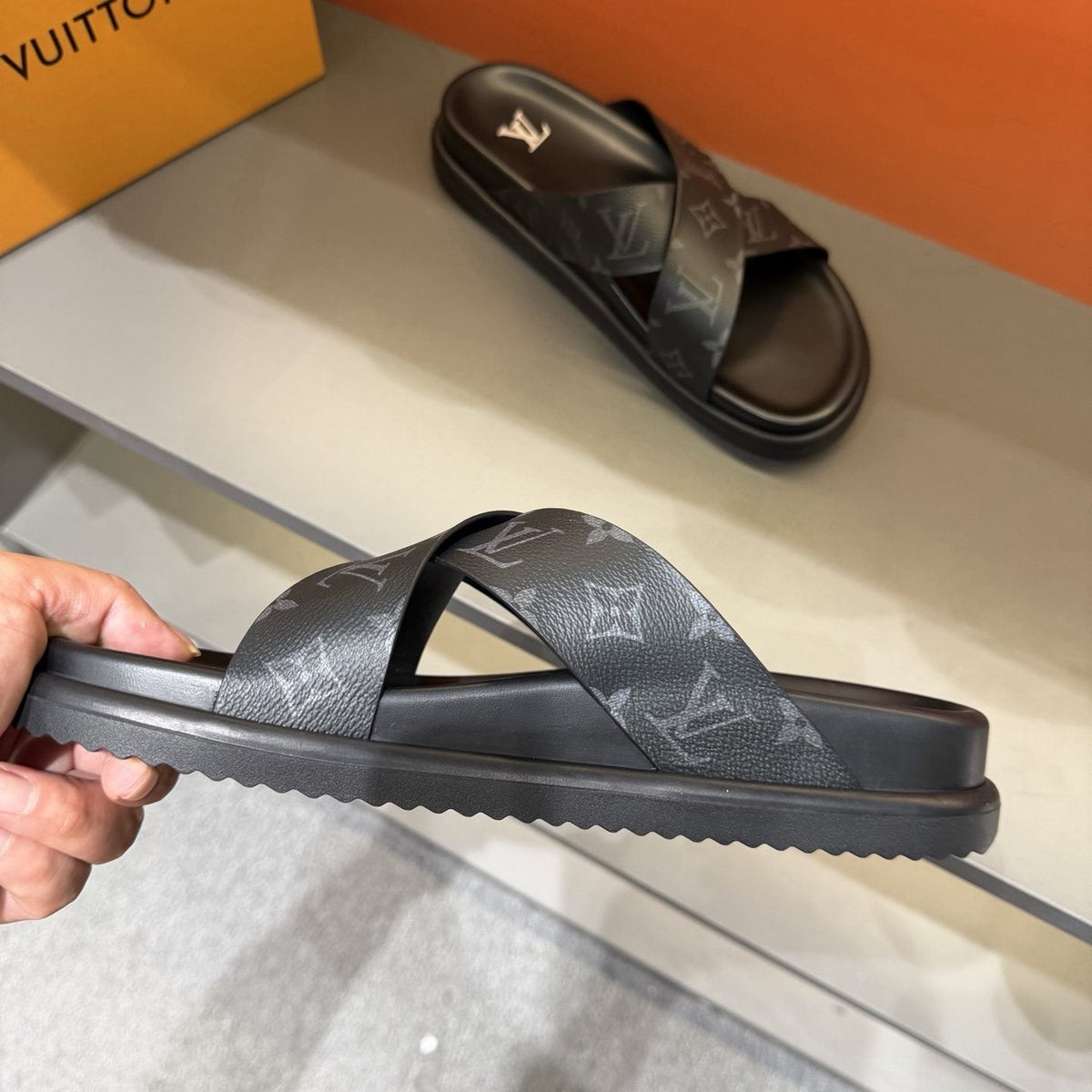 Louis Vuitton Light Gray Crossover Slide Sandals — side