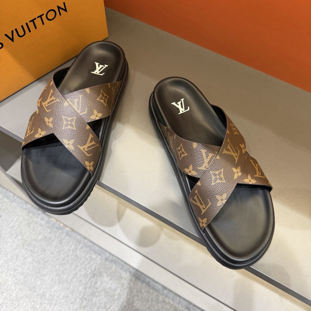 Louis Vuitton Light Gray Crossover Slide Sandals — model