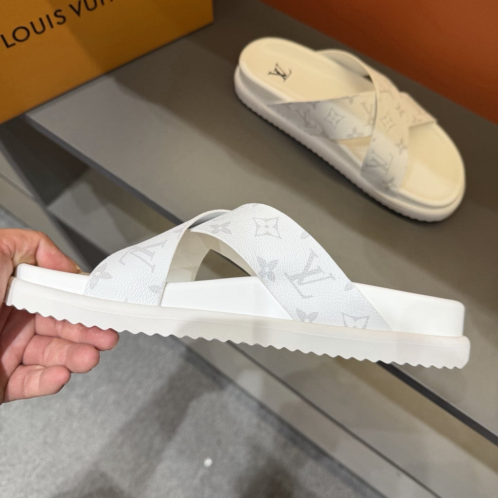 Louis Vuitton Light Gray Crossover Slide Sandals — model