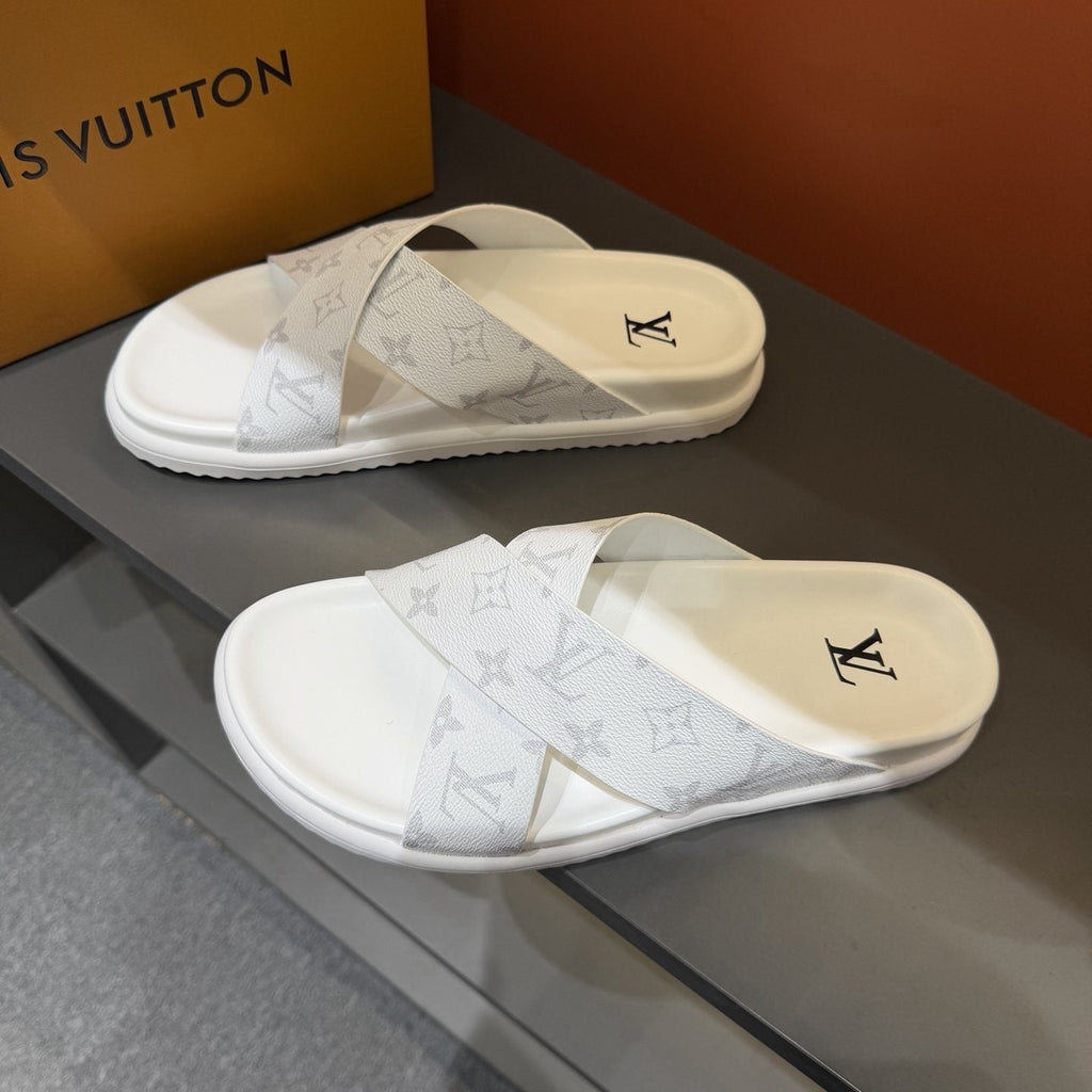 Louis Vuitton Light Gray Crossover Slide Sandals — front