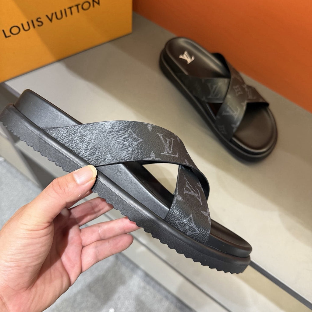 Louis Vuitton Light Gray Crossover Slide Sandals — side