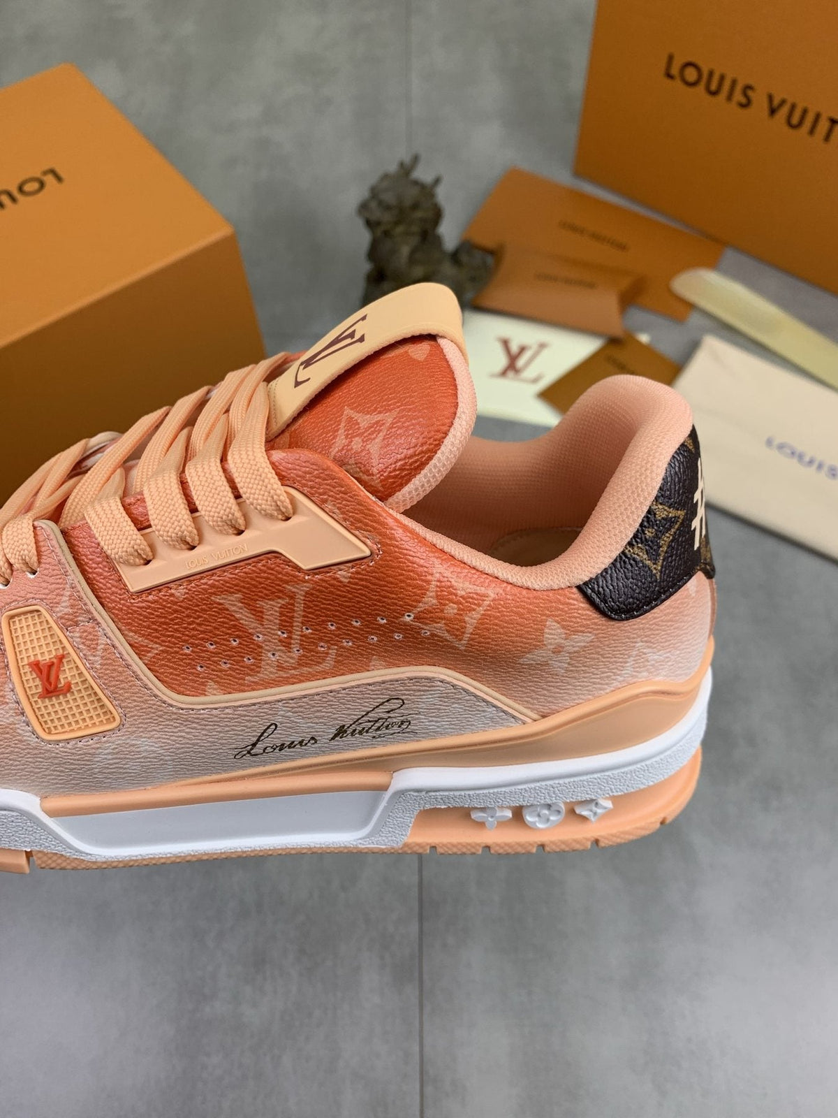 Louis Vuitton Peach Pink Monogram Low-Top Sneakers — side