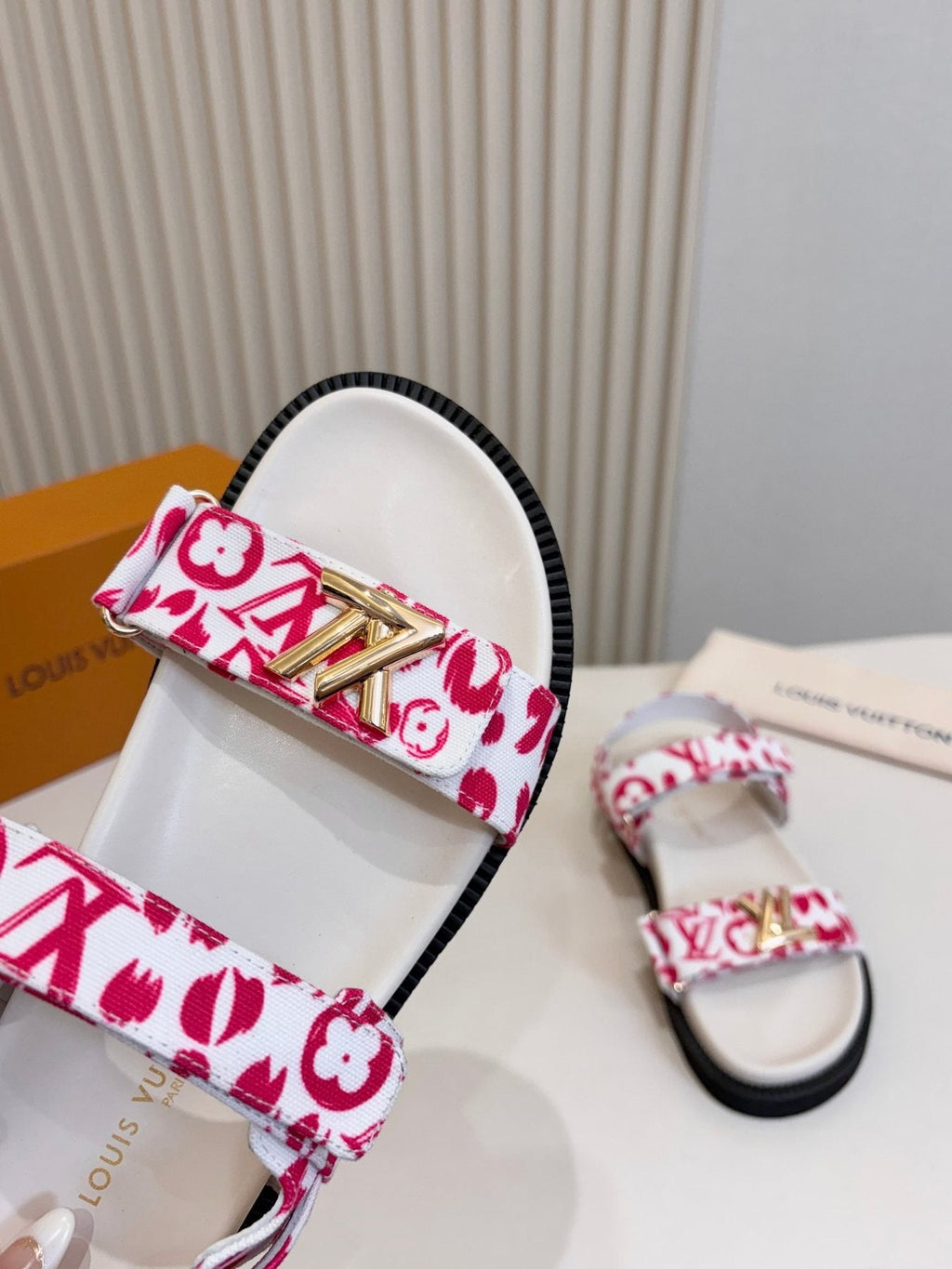 Louis Vuitton Patterned Two-Strap Slide Sandals — model