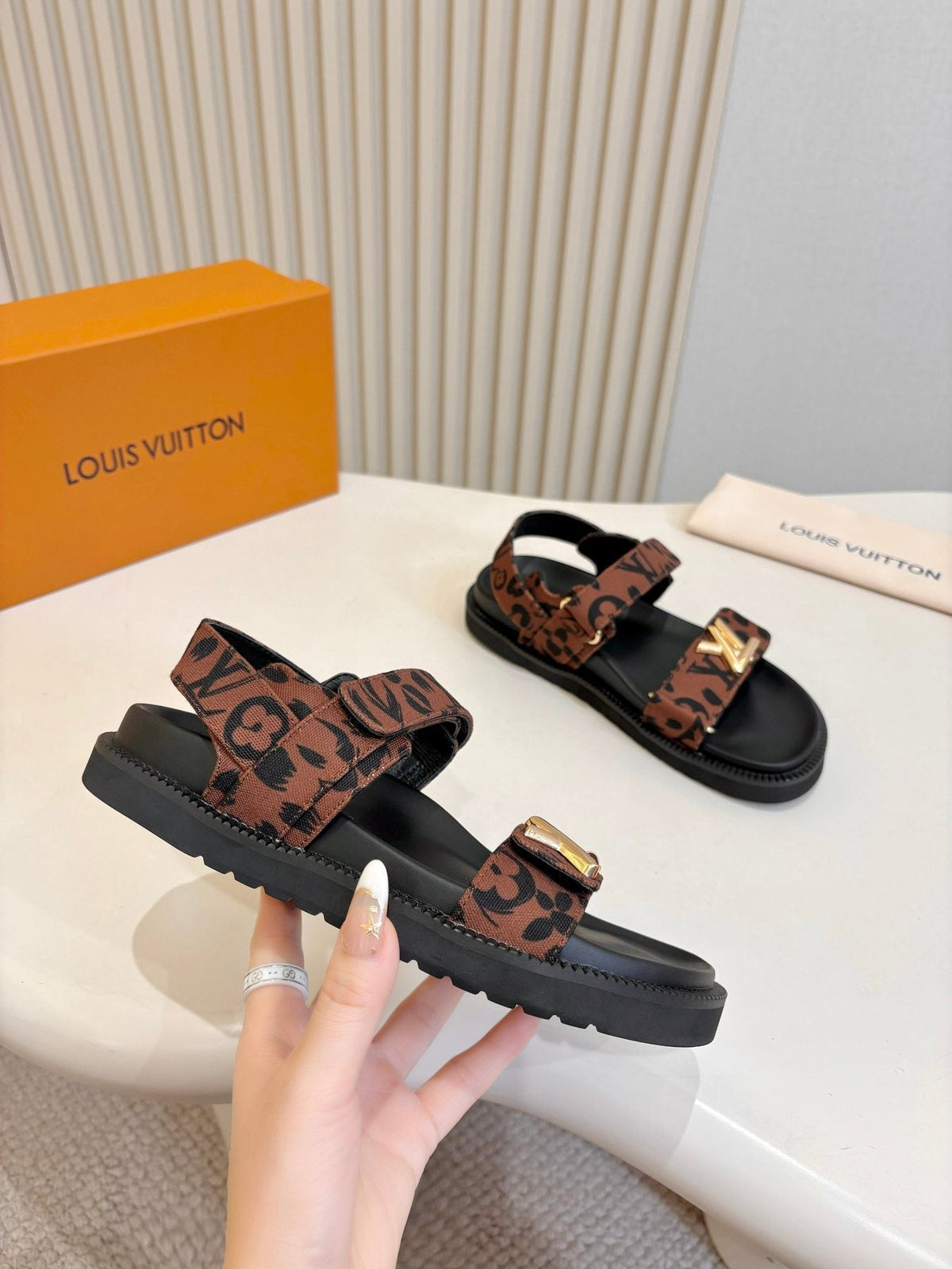 Louis Vuitton Patterned Two-Strap Slide Sandals — model