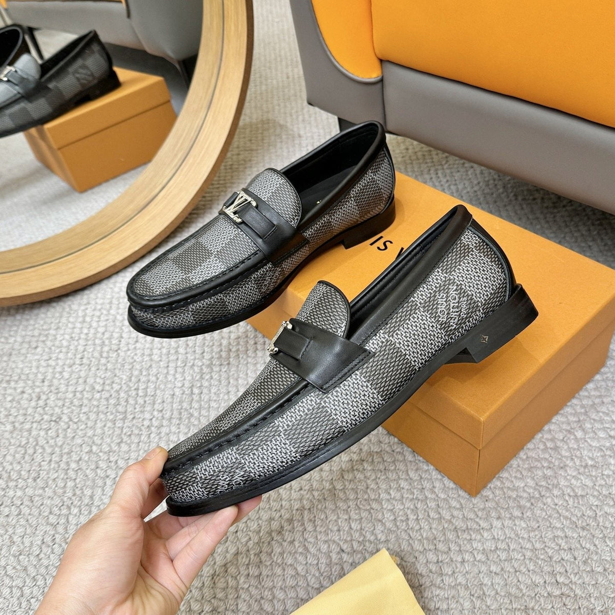 Louis Vuitton Check-Pattern Buckle Loafers — model