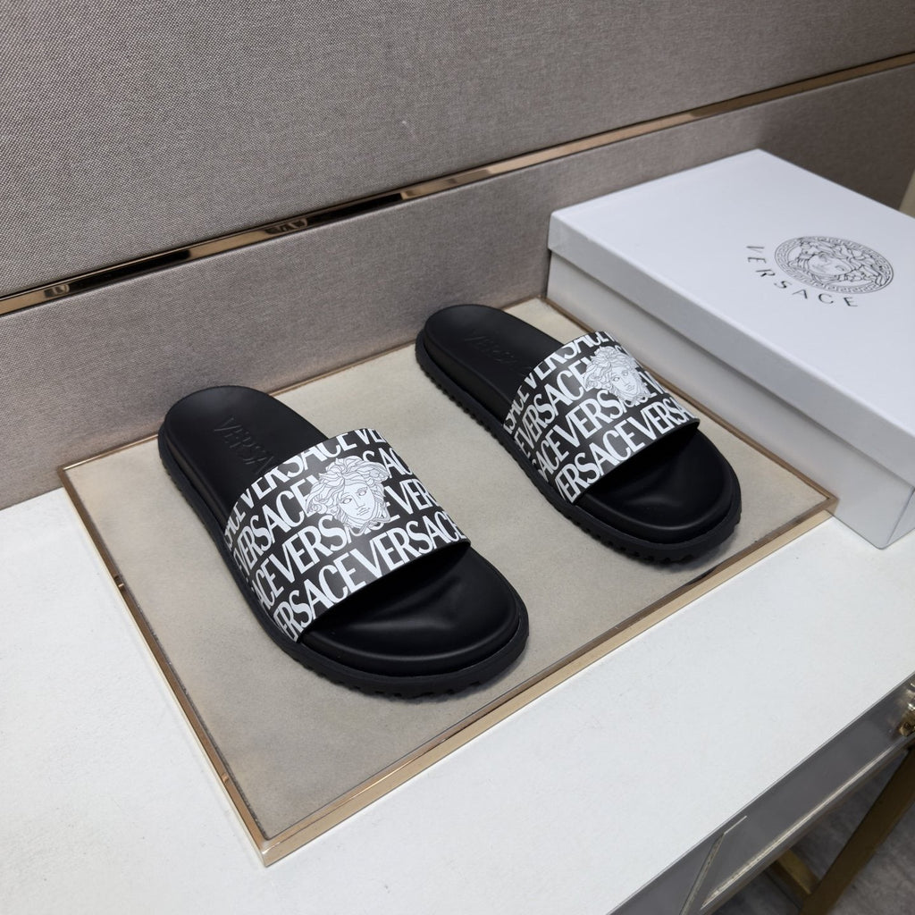 Versace Logo Print Slide Sandals — front