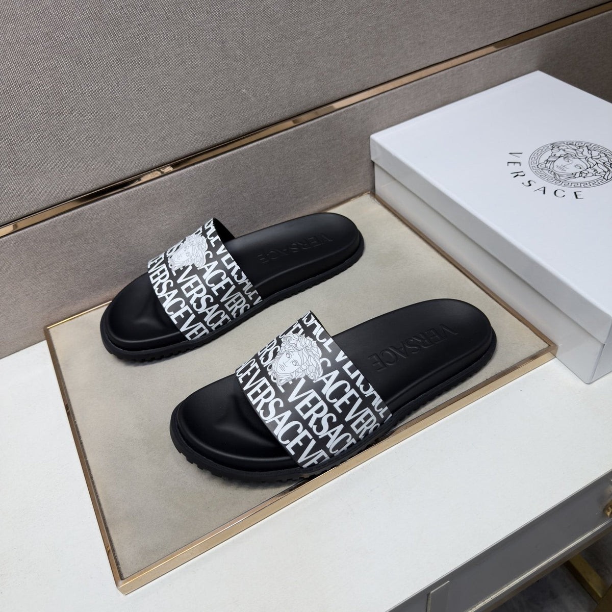 Versace Logo Print Slide Sandals — front