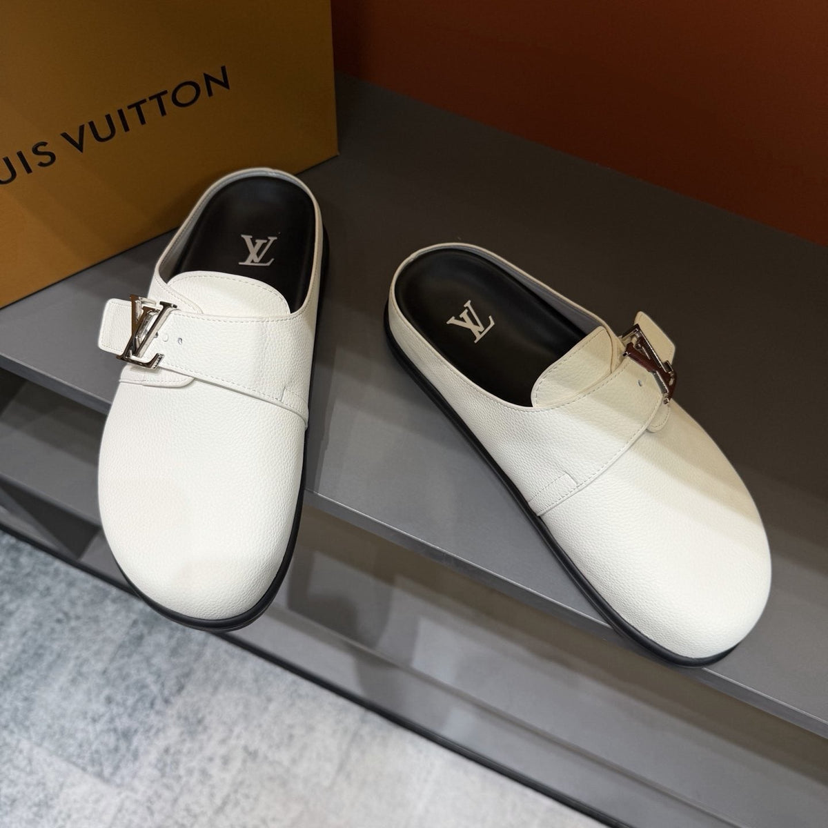 Louis Vuitton Buckled Monogram Mule Shoes — front