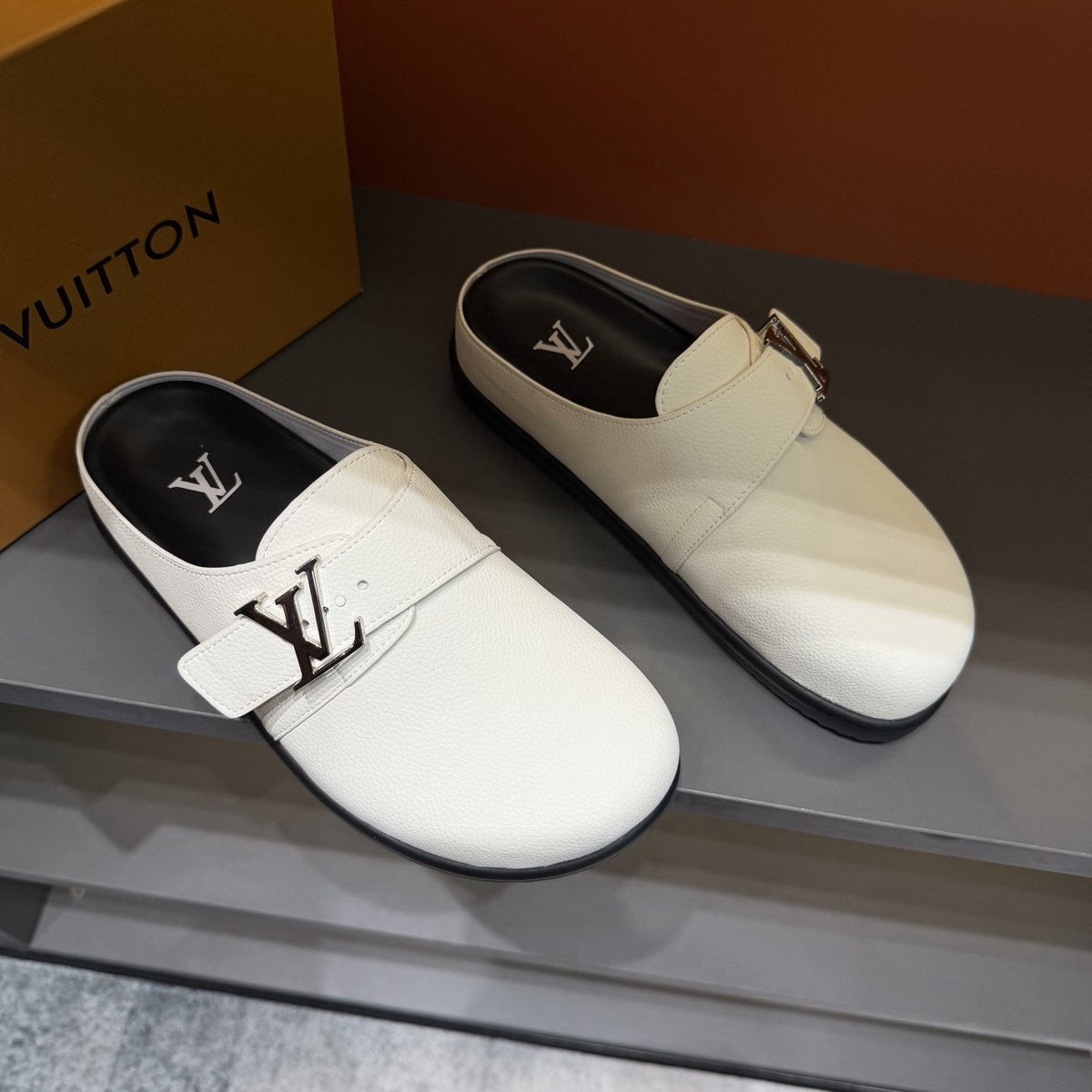 Louis Vuitton Buckled Monogram Mule Shoes — front