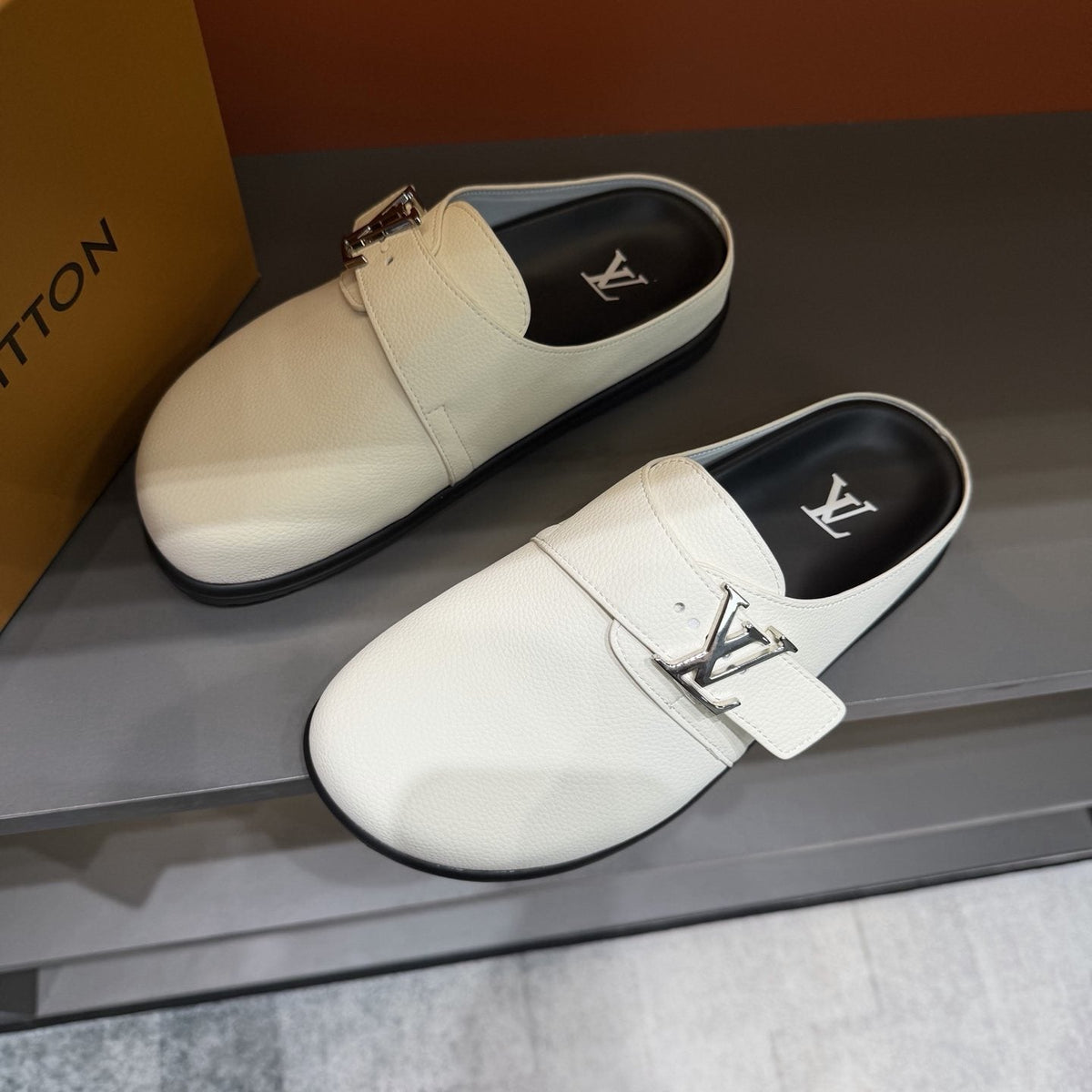 Louis Vuitton Buckled Monogram Mule Shoes — front
