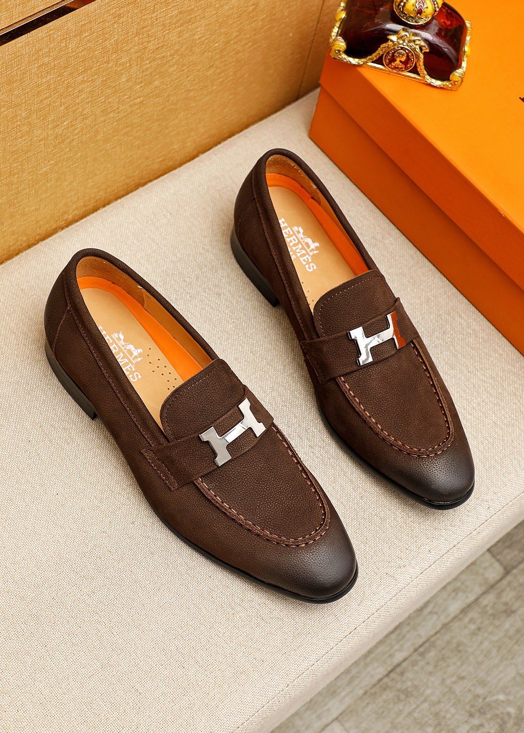 Hermès Dark Brown H-Hardware Loafers — front