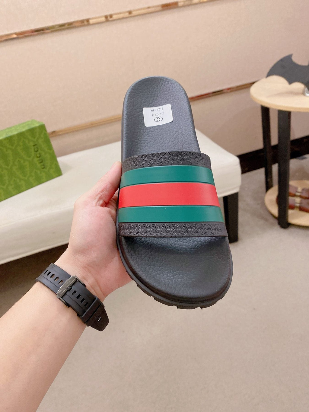 Gucci Green-Red Stripe Slide Sandals — front