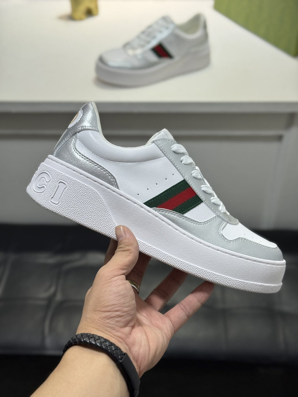 Gucci White Green-Red Stripe Sneakers — side