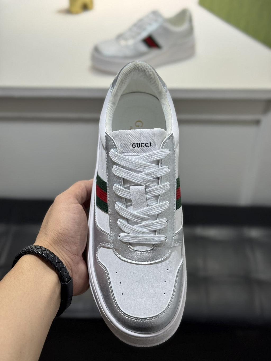 Gucci White Green-Red Stripe Sneakers — front