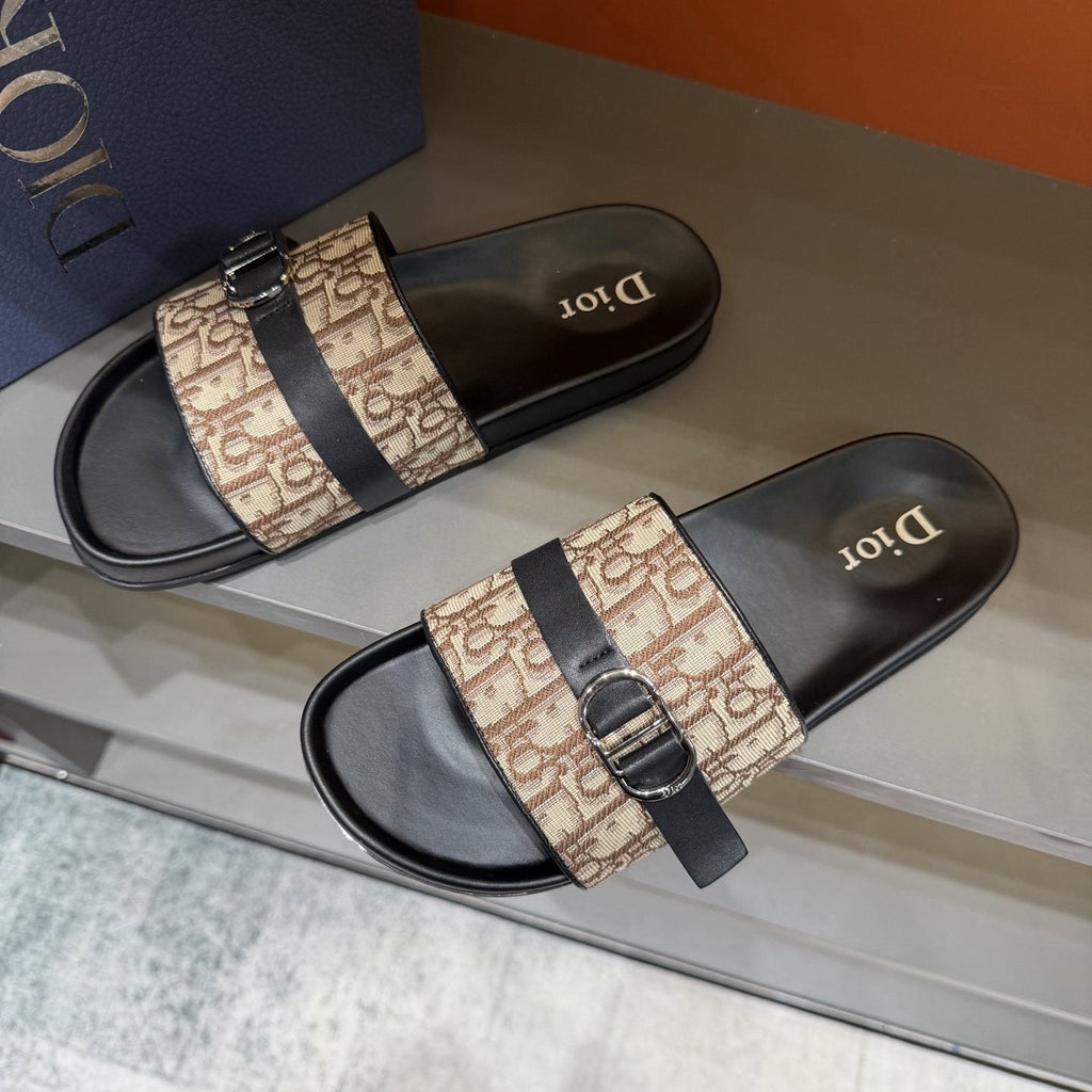 Dior Blue-Gray Pattern Slide Sandals — front